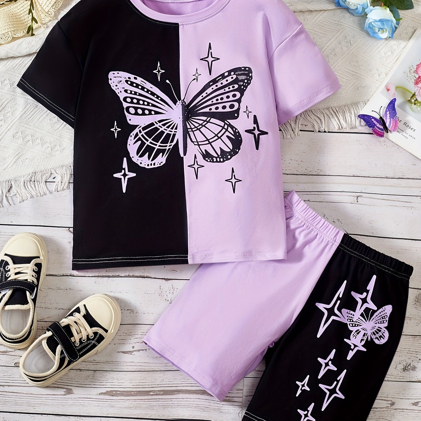 Girl's Butterfly Graphic Tee Top & Shorts Set