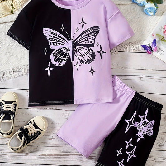 Girl's Butterfly Graphic Tee Top & Shorts Set