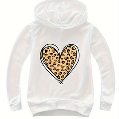 Leopard Print Heart Pattern Hooded Sweatshirt for Girls Sports