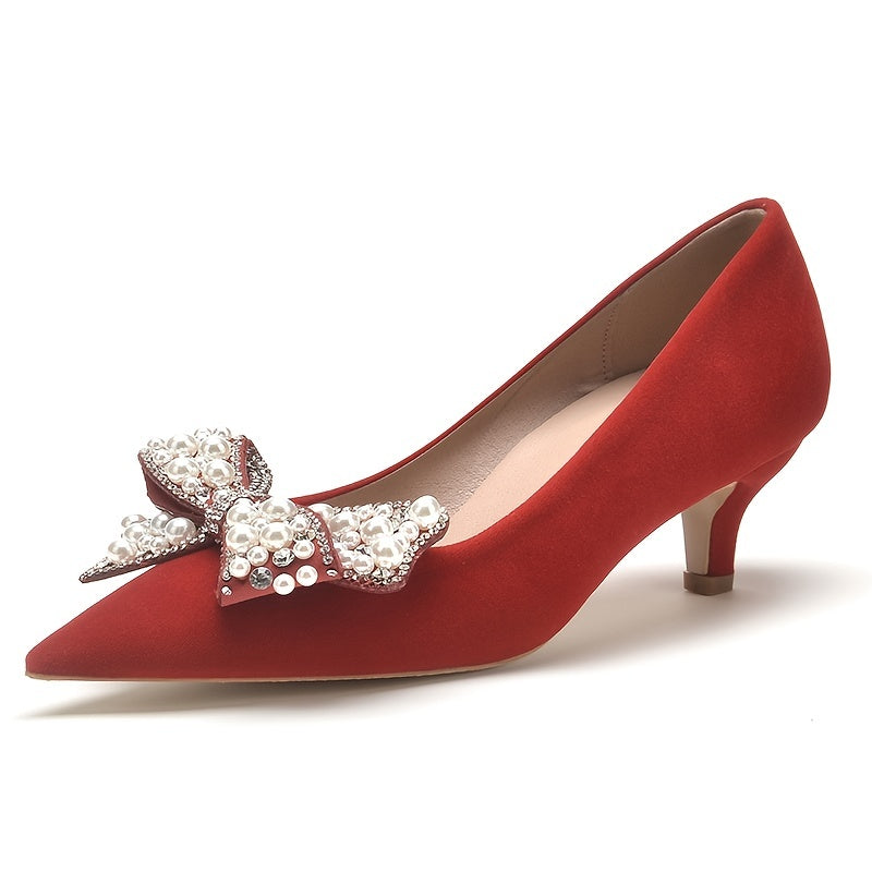 Red Kitten Heeled Pumps with Faux Pearl Bow Tie