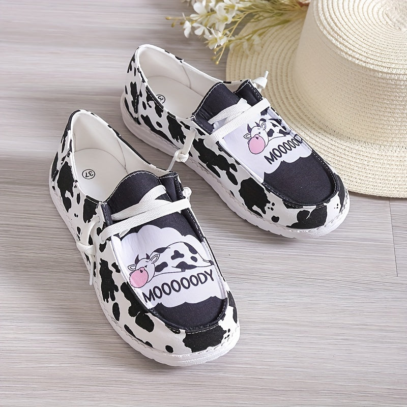 Women's Cow Pattern Canvas Shoes Casual Lace Up Outdoor Sneakers