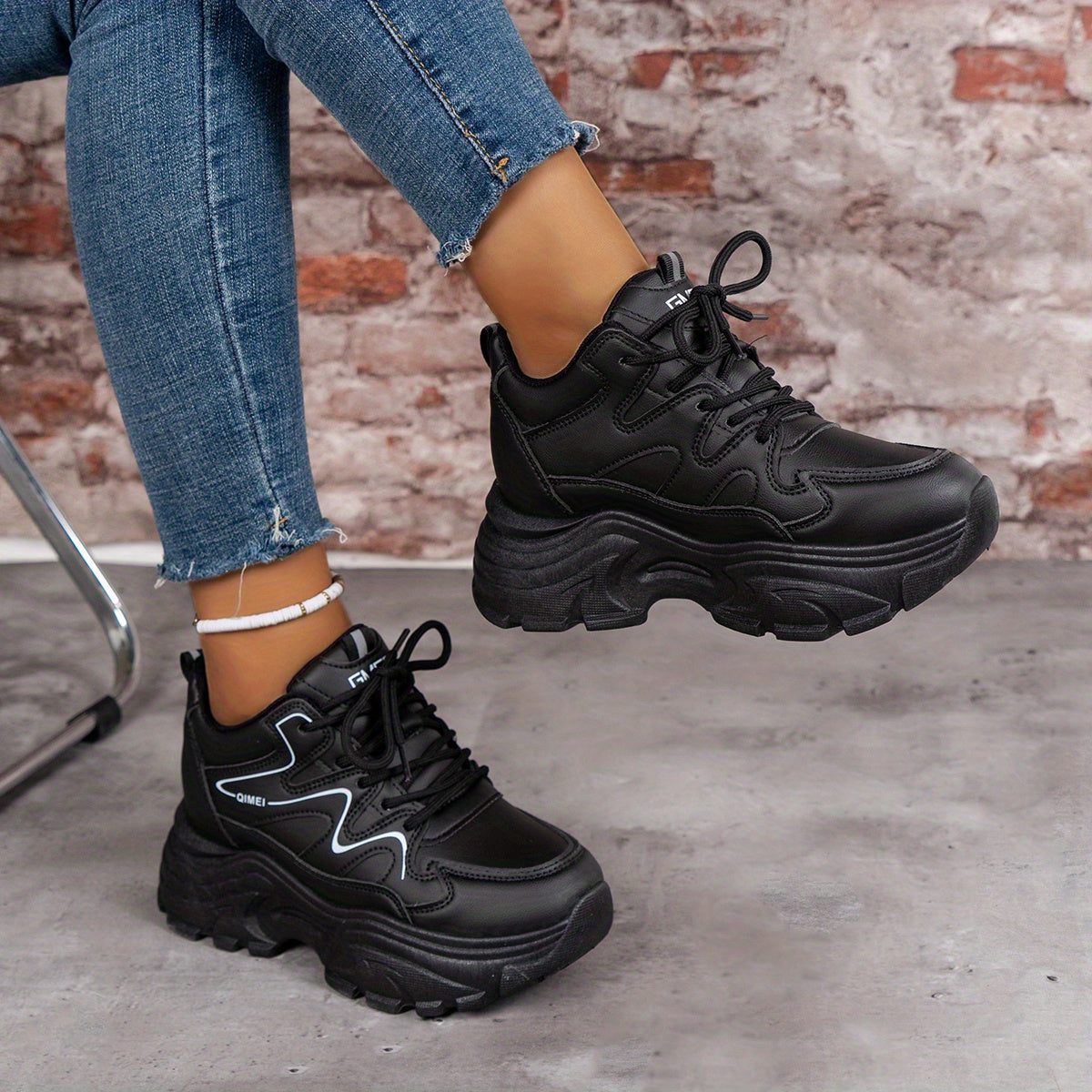 Women's Thick Bottom Sports Shoes Casual Solid Sneakers Lace Up Platform