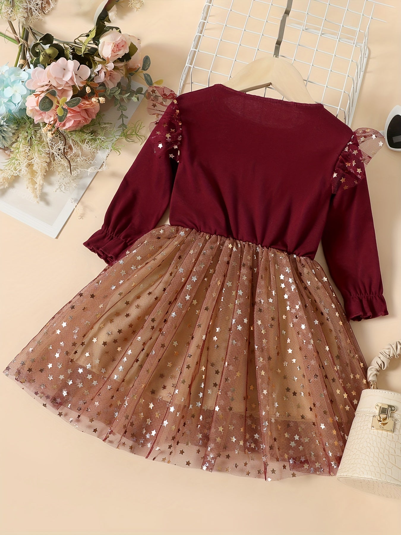Sequin Stars Tulle Dress Long Sleeve Party Outfit