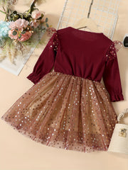 Sequin Stars Tulle Dress Long Sleeve Party Outfit
