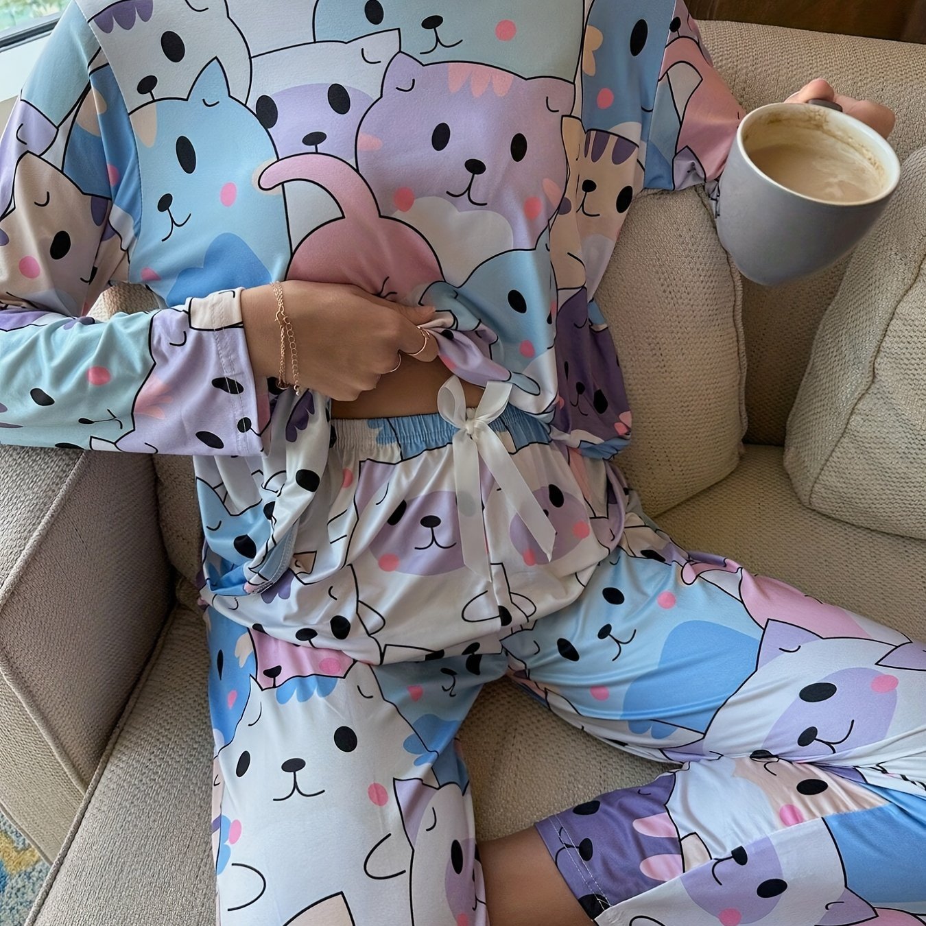 Cat Print Pajama Set Long Sleeve Top & Pants