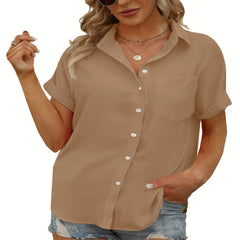Solid Button Up Short Sleeve Blouse