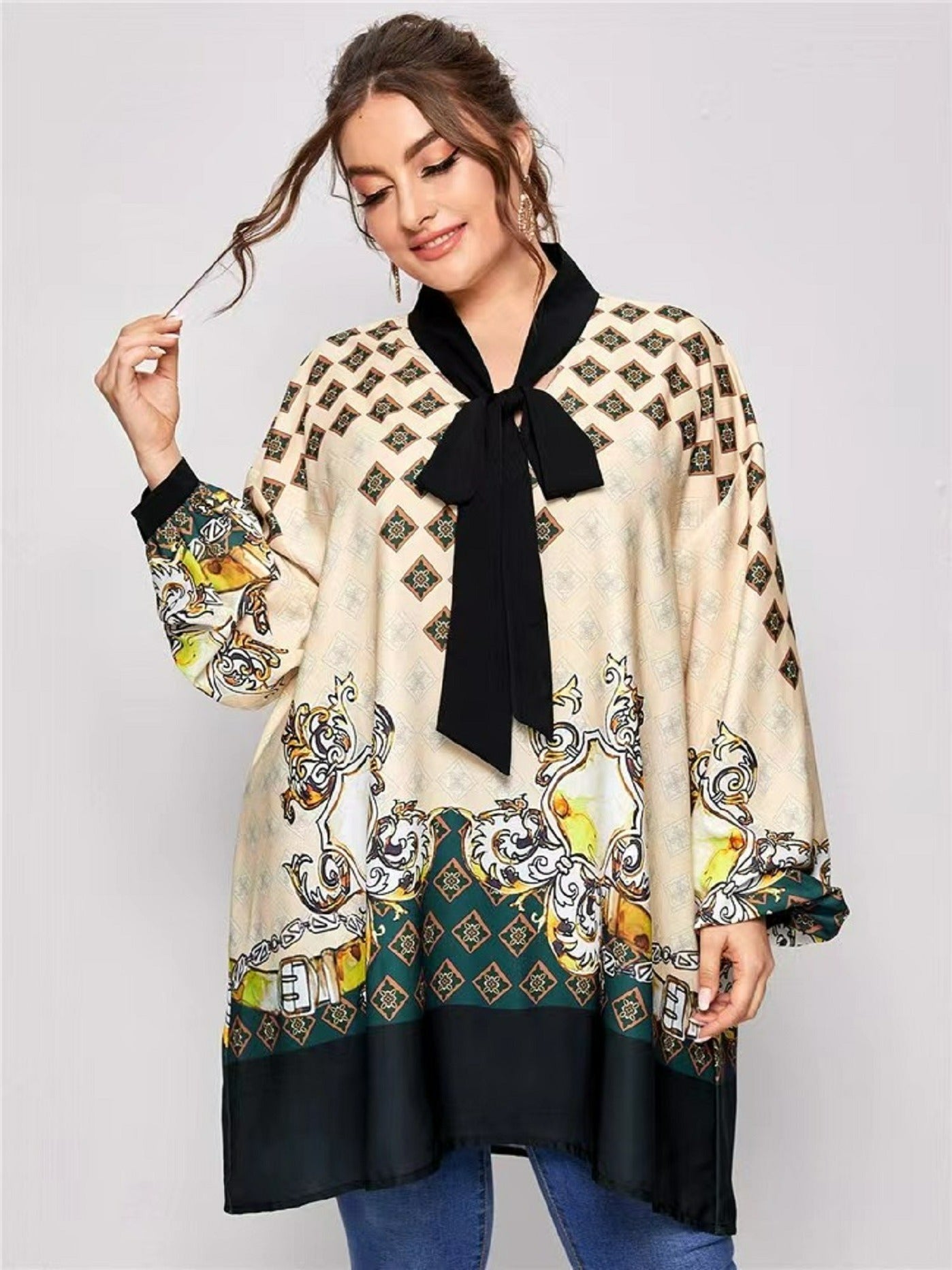 Blouse Women's Plus Tribal Print Lantern Sleeve Knot V Neck Tunic Top
