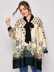 Blouse Women's Plus Tribal Print Lantern Sleeve Knot V Neck Tunic Top