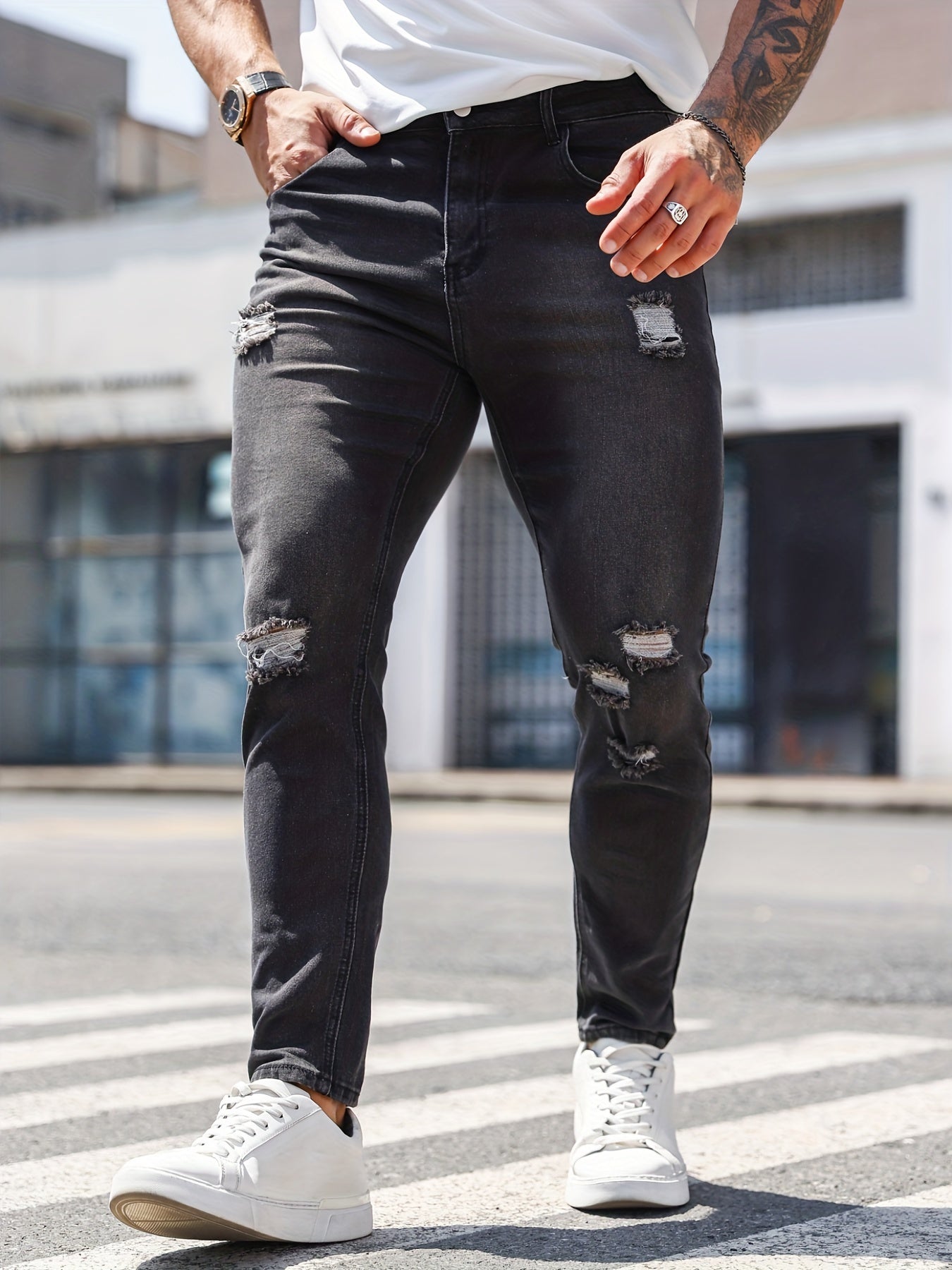 Slim Fit Ripped Jeans Men's Distressed Mid Stretch Denim Pants