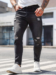 Slim Fit Ripped Jeans Men's Distressed Mid Stretch Denim Pants