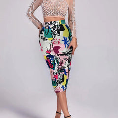 Graffiti Print High Waist Bodycon Skirt for Women