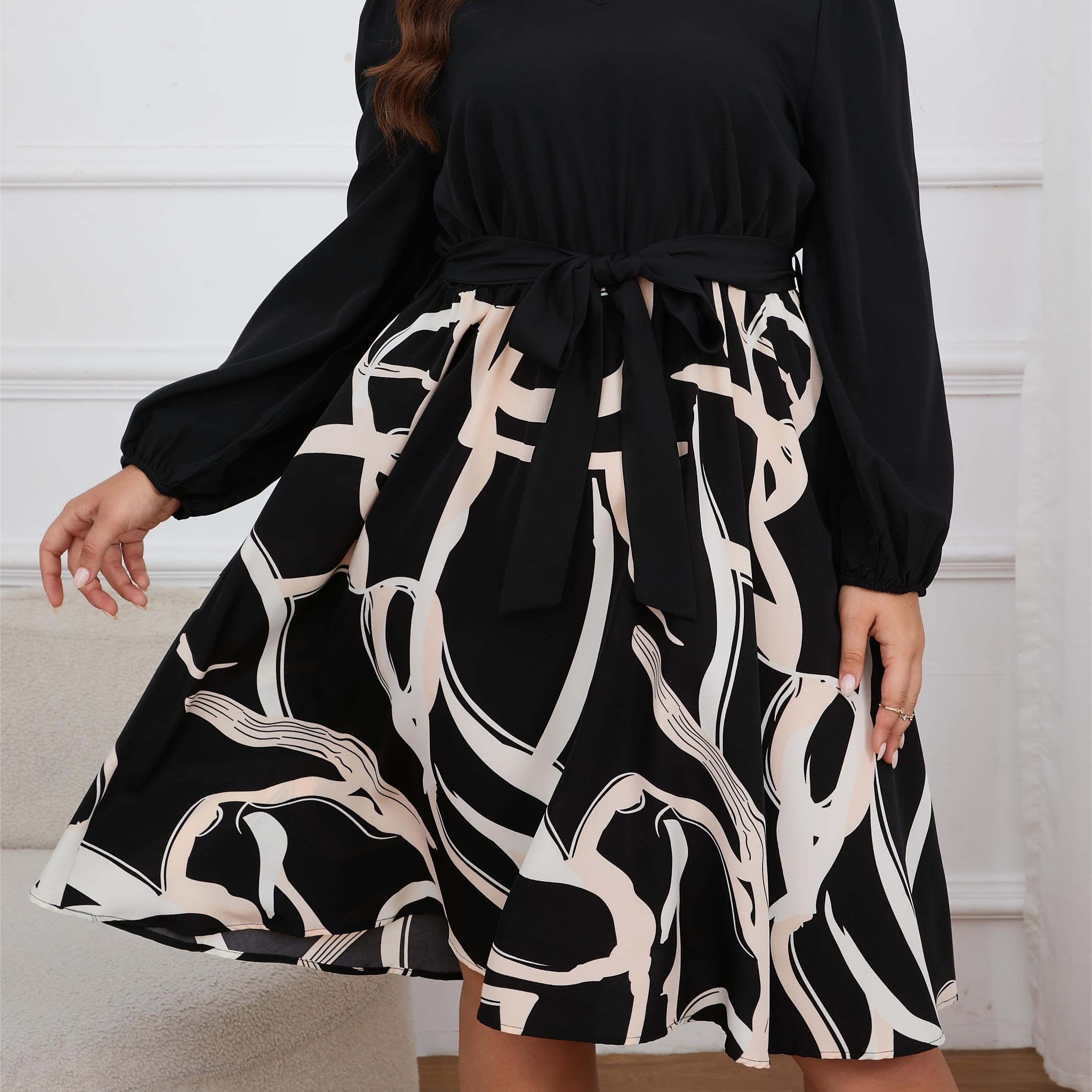 Plus Size Colorblock Abstract Stripe Lantern Sleeve Dress