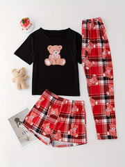 Bear Print Pajamas Set Short Sleeve Crew Neck Top & Shorts & Plaid Pants