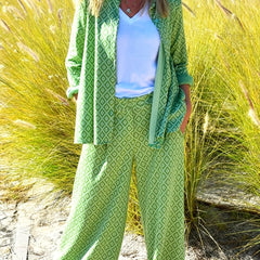 Women's Plus Allover Print Long Sleeve Button Up Shirt & Pants Outfit