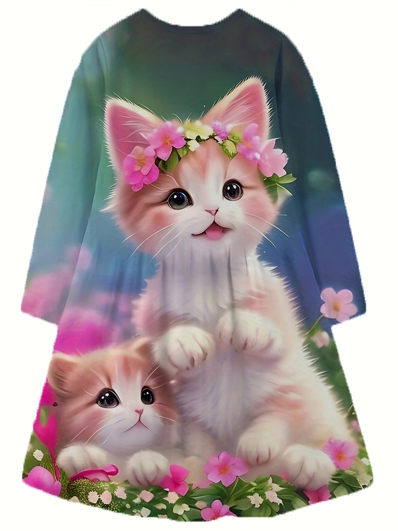 Girls Flower Kitty Long Sleeve Dress Spring Fall Party Gift