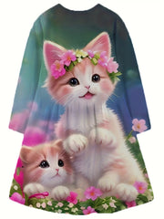 Girls Flower Kitty Long Sleeve Dress Spring Fall Party Gift