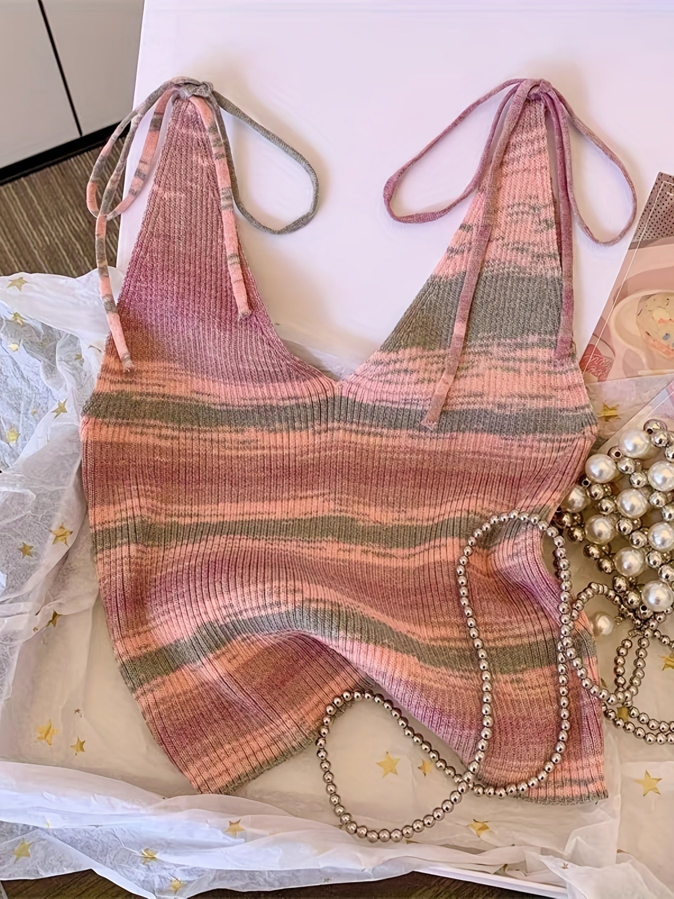 Stripe Tie Dye Lace Up Tank Top Casual Sleeveless Tank Top