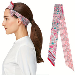 Flower Print Skinny Scarf Long Ribbon Neckerchief Satin Decorative Hair Ribbon