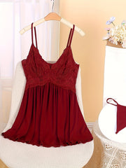 Sexy Contrast Lace Slip Dress Deep V Backless Babydoll Women's Lingerie