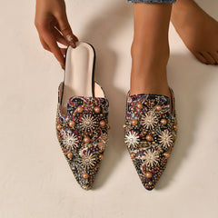 Women's Rhinestone Flat Mules Pointed Toe Slip On Shoes