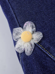 Girls Winter Flared Denim Jeans with Flower and Elastic Waist