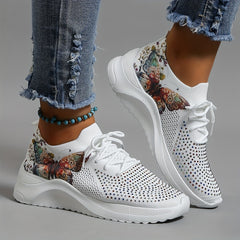 Women's Butterfly Print Sports Shoes Rhinestone Decor Low Top Running Shoes