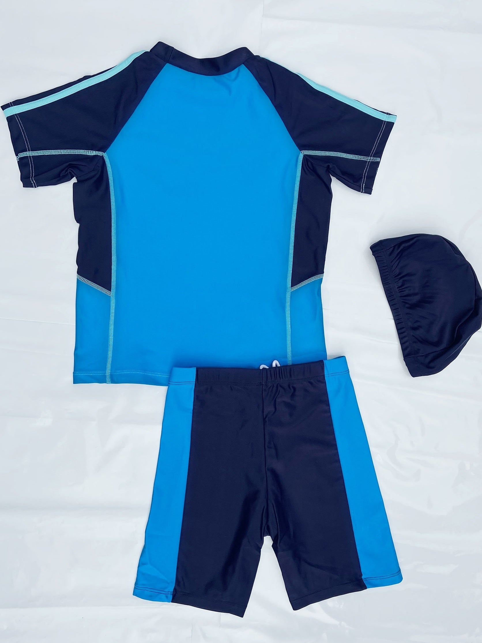 Boys Swimsuit Raglan Sleeve Top & Shorts Set with Cap