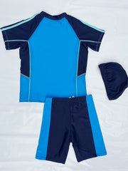 Boys Swimsuit Raglan Sleeve Top & Shorts Set with Cap