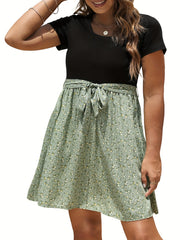 Colorblock Ditsy Print Short Sleeve Dress With Belt