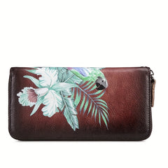 Vintage Tropical Floral Tote Bag Brown Leather Zip Closure