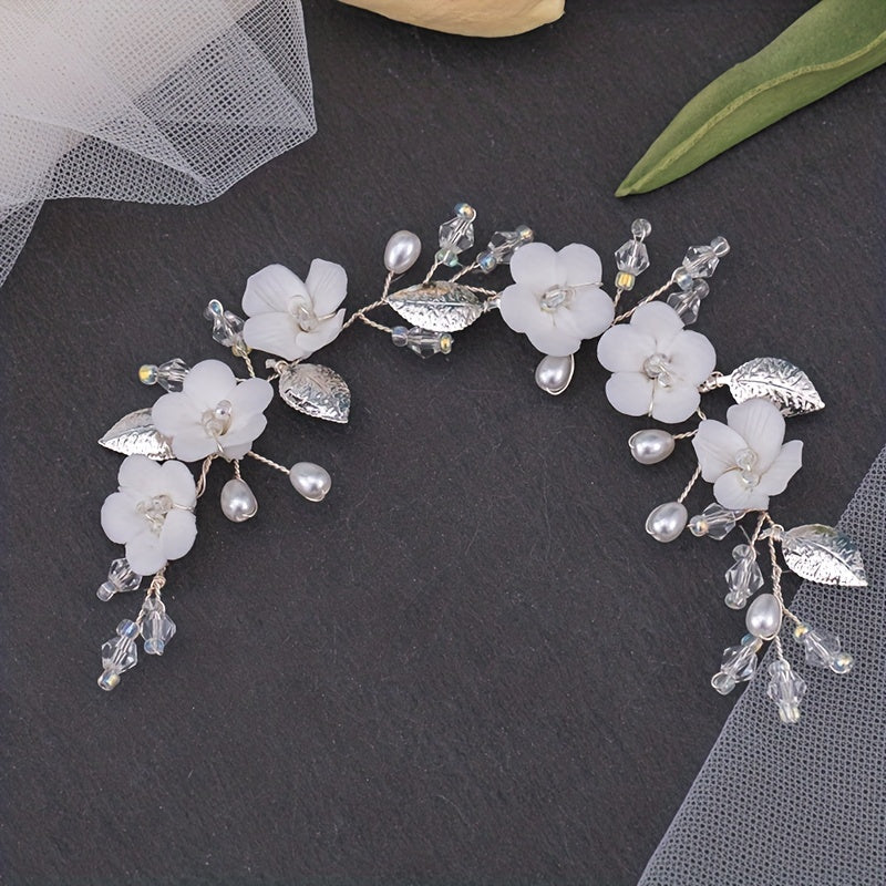 Faux Pearl Bridal Flower Headpiece Leaf Shape Headband Wedding Hair Accessories