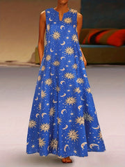 Moon & Sun Print Notched Neck Sleeveless Tank Dress