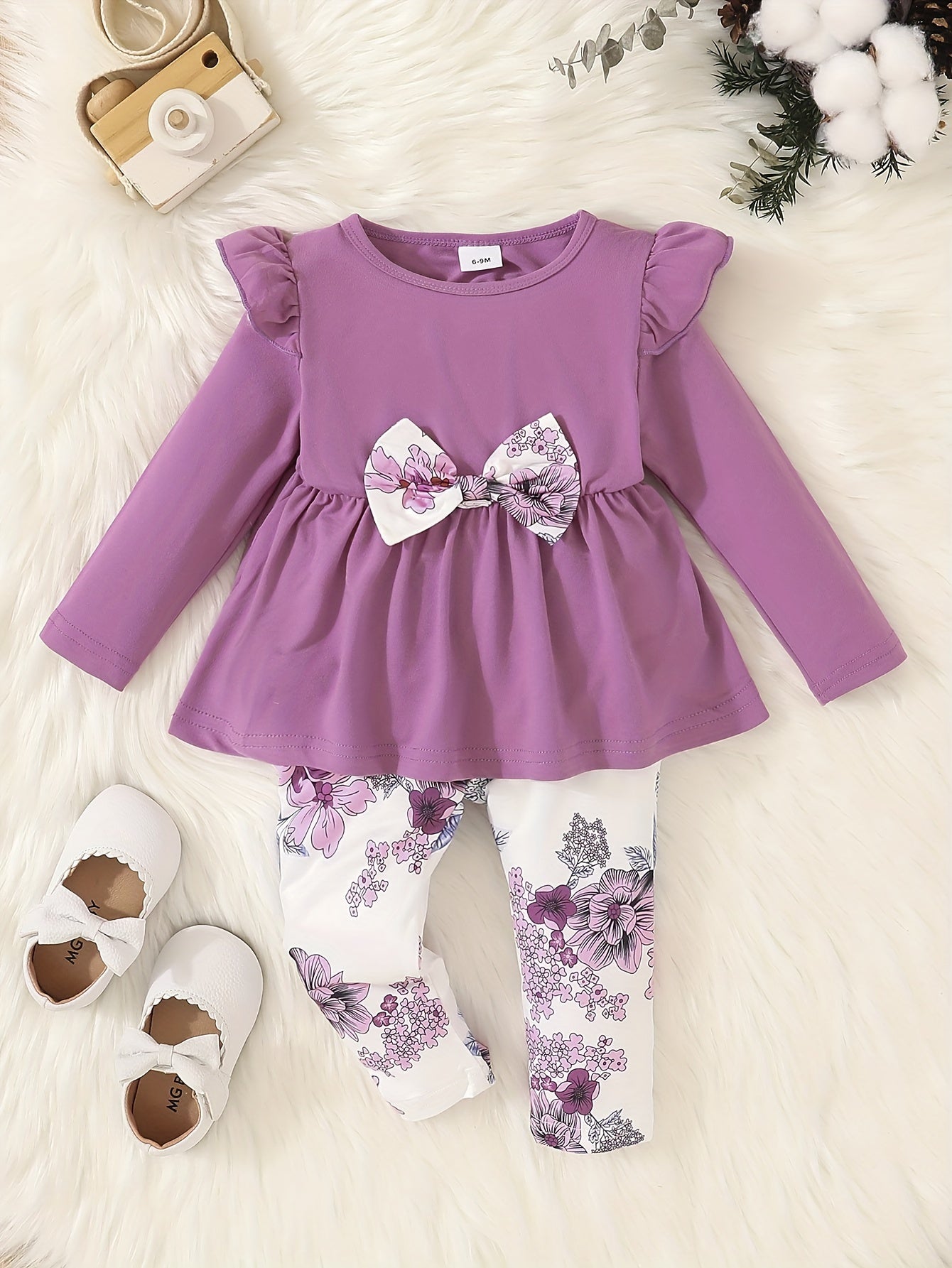 Baby Girl Winter Outfit Flutter Sleeve Splicing Bowknot Skirt Top & Pants Set