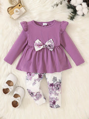 Baby Girl Winter Outfit Flutter Sleeve Splicing Bowknot Skirt Top & Pants Set