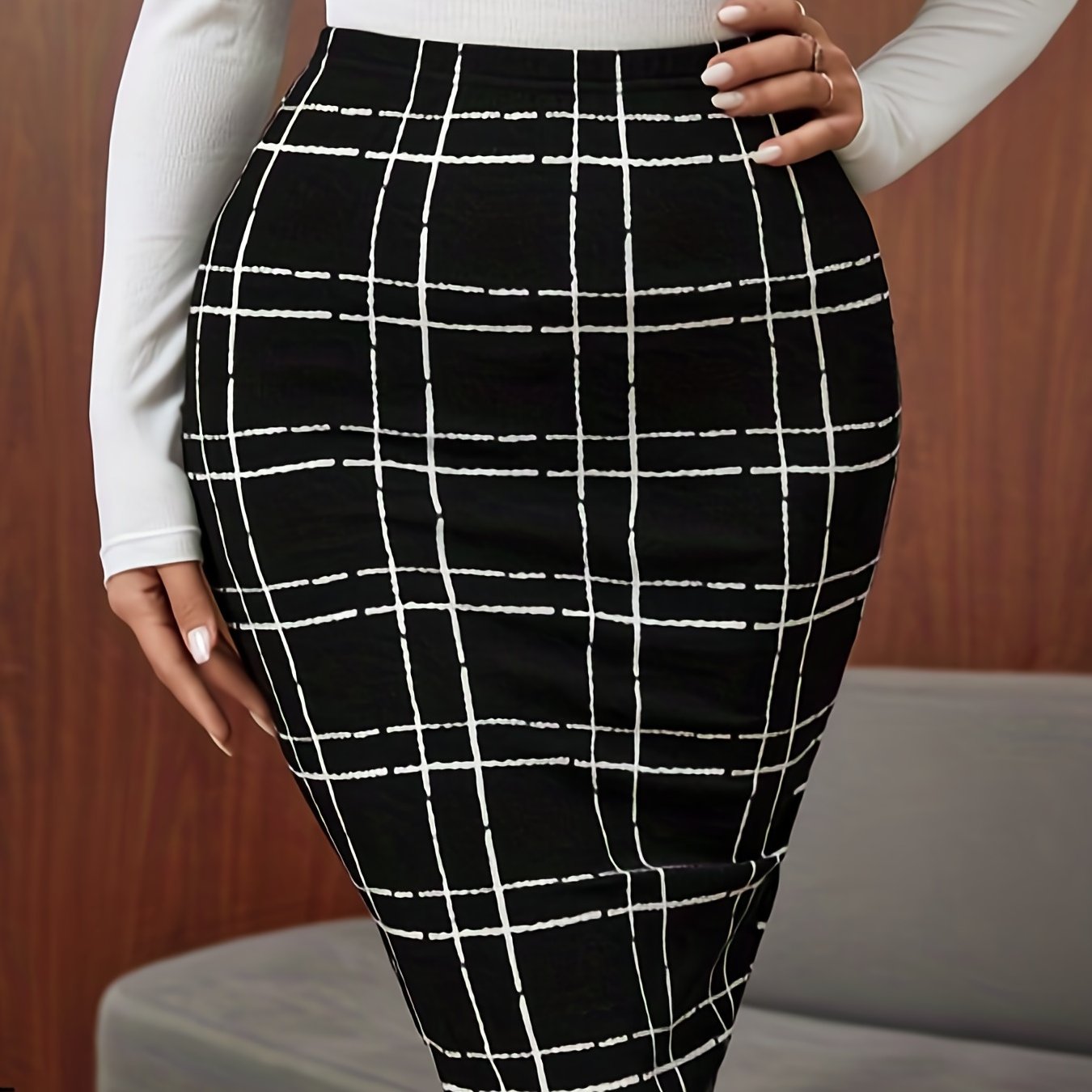 Plaid High Waist Skirt Casual Bodycon Knee Length