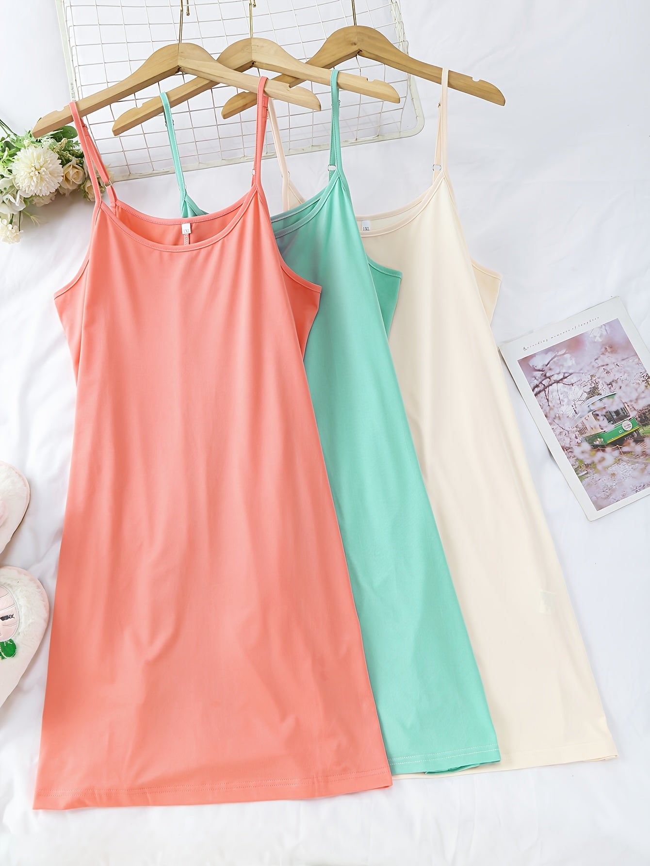 Plus Size Cami Sleep Dress 3-Pack, Round Neck Nightdress Set