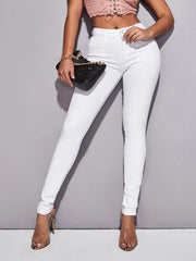 Dark High Waist Skinny Jeans Slim Fit Slash Pockets Stretchy Denim Pants