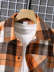 Boys Plaid Patched Short Sleeve Lapel Shirt