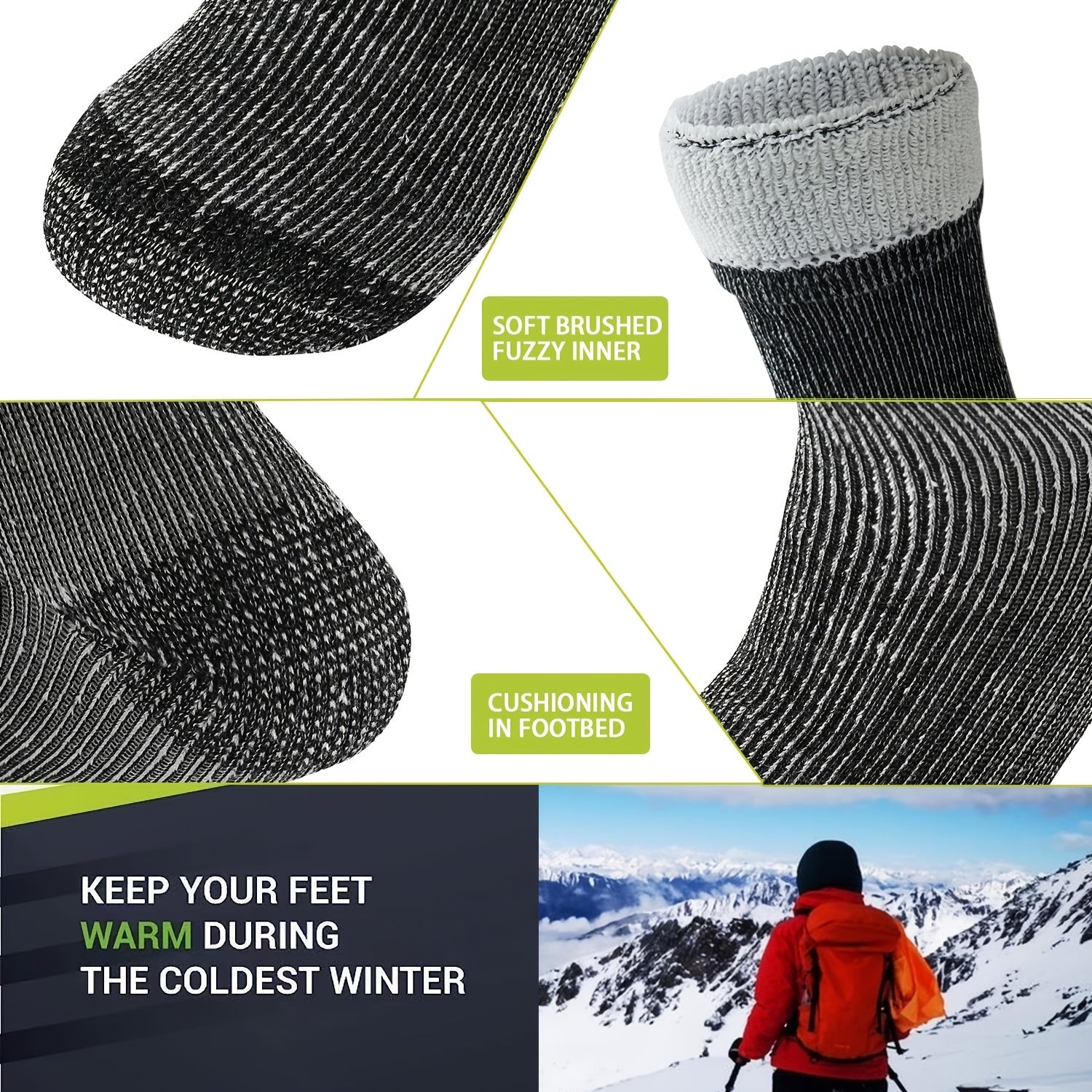Men's Warm Wool Socks for Outdoor Running, 3 Pairs