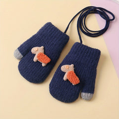 Kids Cartoon Gloves Winter Warm with Neck Hanging Rope