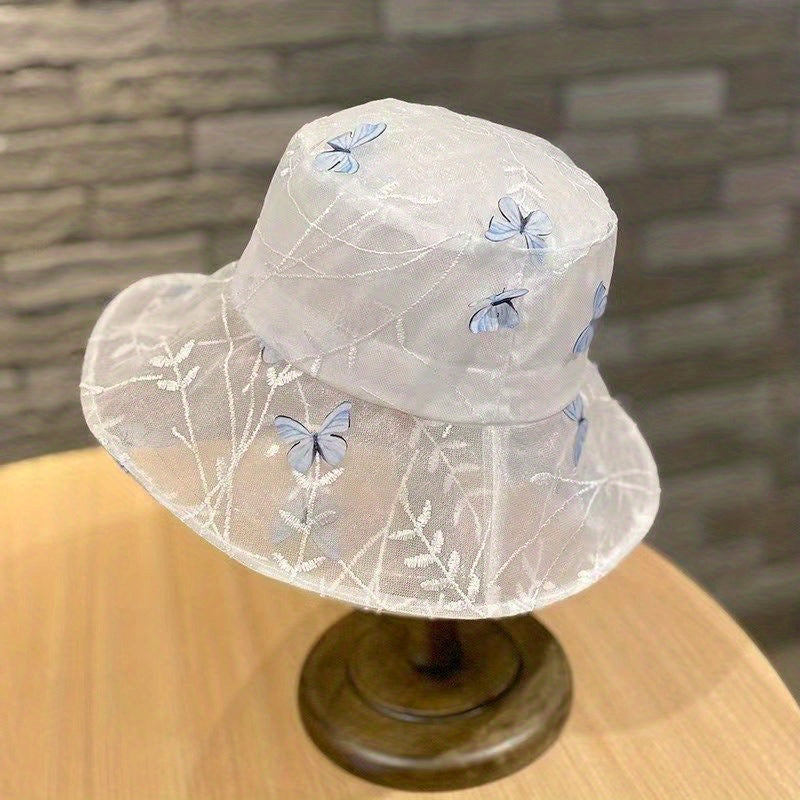 Breathable Summer Bucket Hat Butterfly Decor Fisherman Cap
