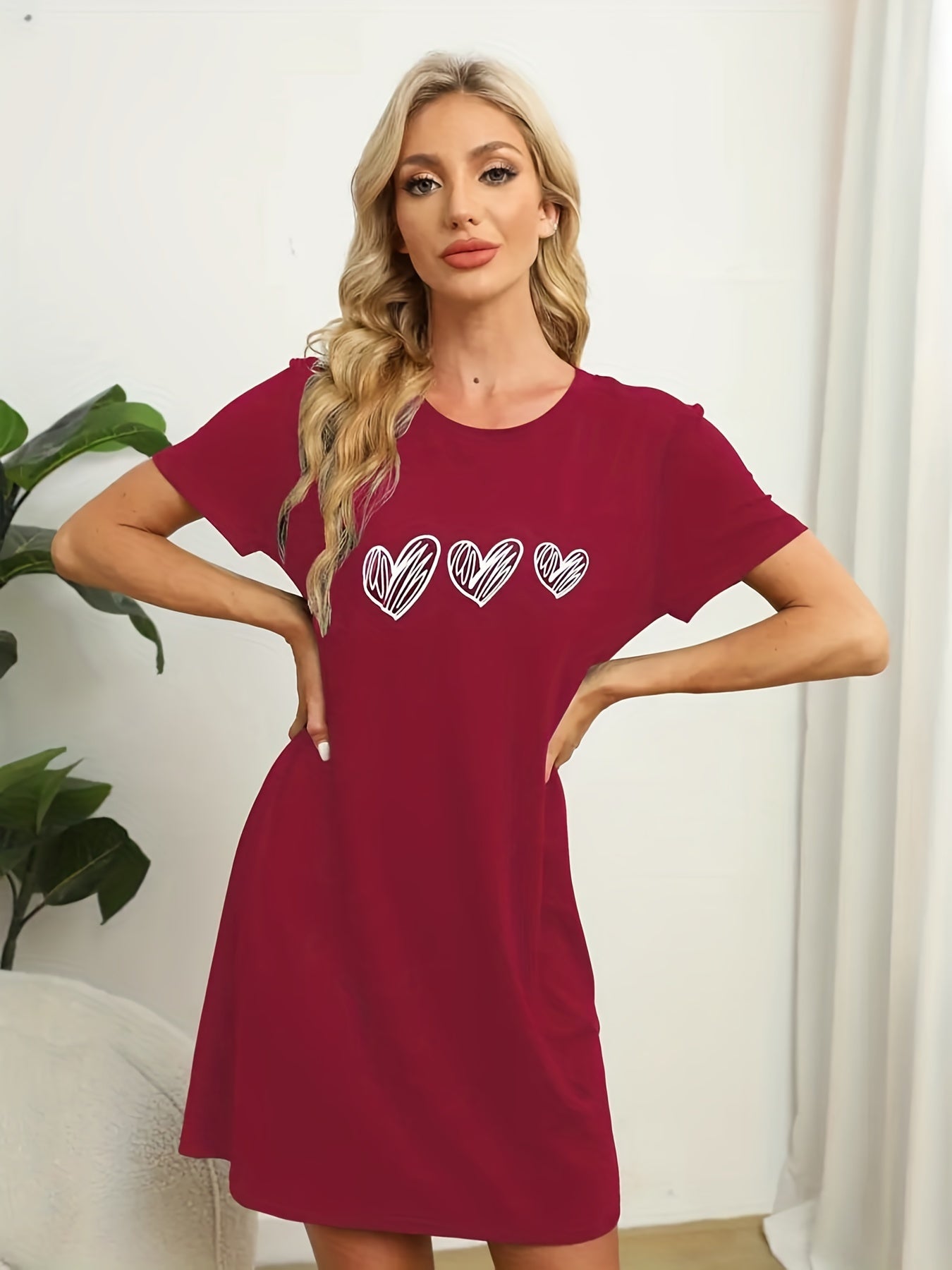 Heart Print Lounge Dress Short Sleeve Comfortable Home Dress