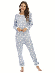 Cartoon Print Pajama Jumpsuit Long Sleeve Pajama Women's Lingerie