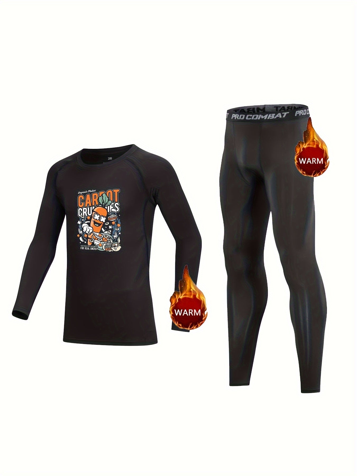 Kids Fleece Lined Compression Base Set Carrot Letter Tops & Leggings Pants