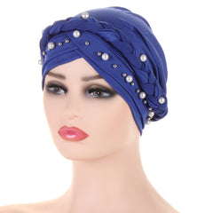 Faux Pearl Beads Turban Hijab Cap Twist Braid Head Scarf Solid Ramadan Head Wrap