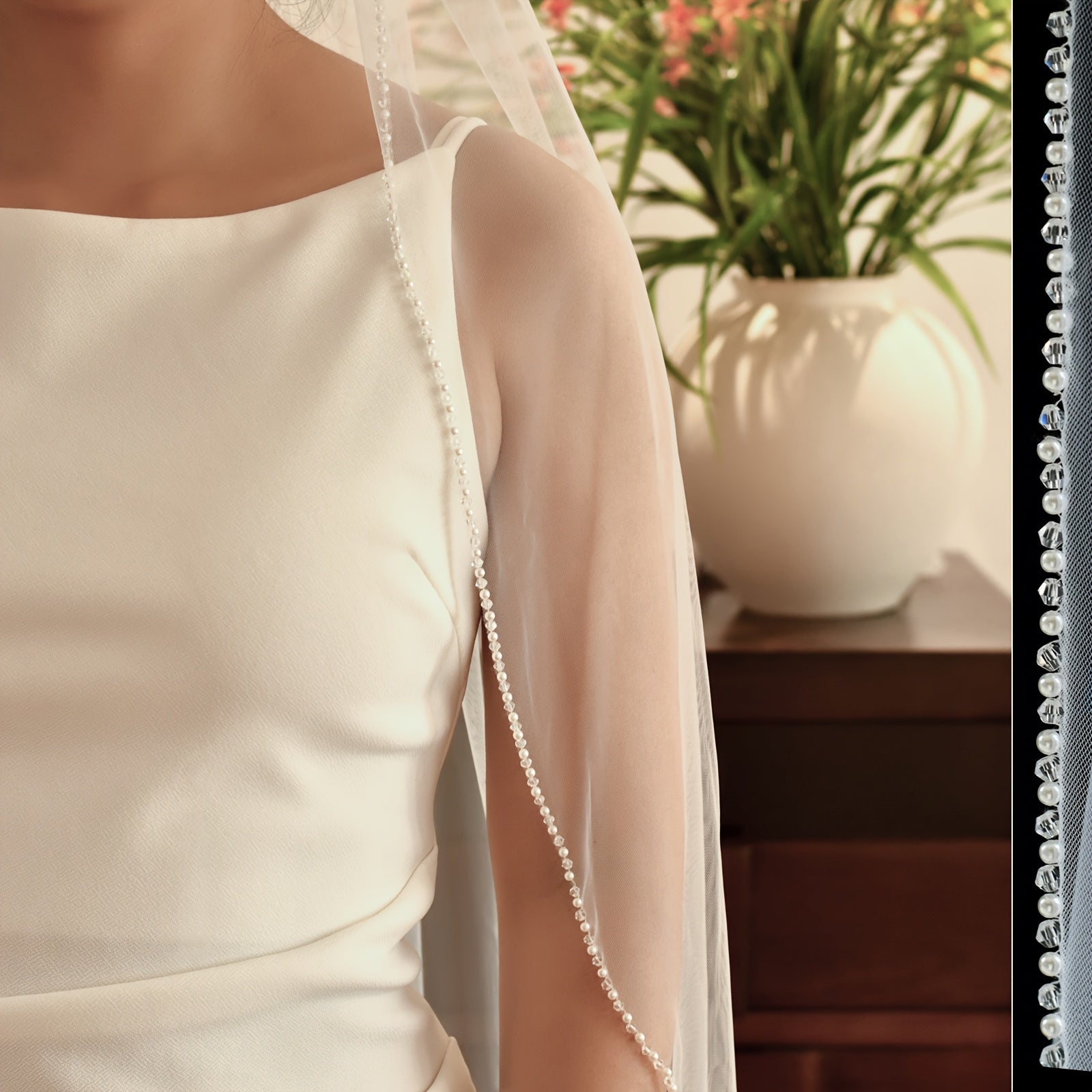 Beaded Bridal Veil Long Finger Length Bridal Gown with Beaded Edges