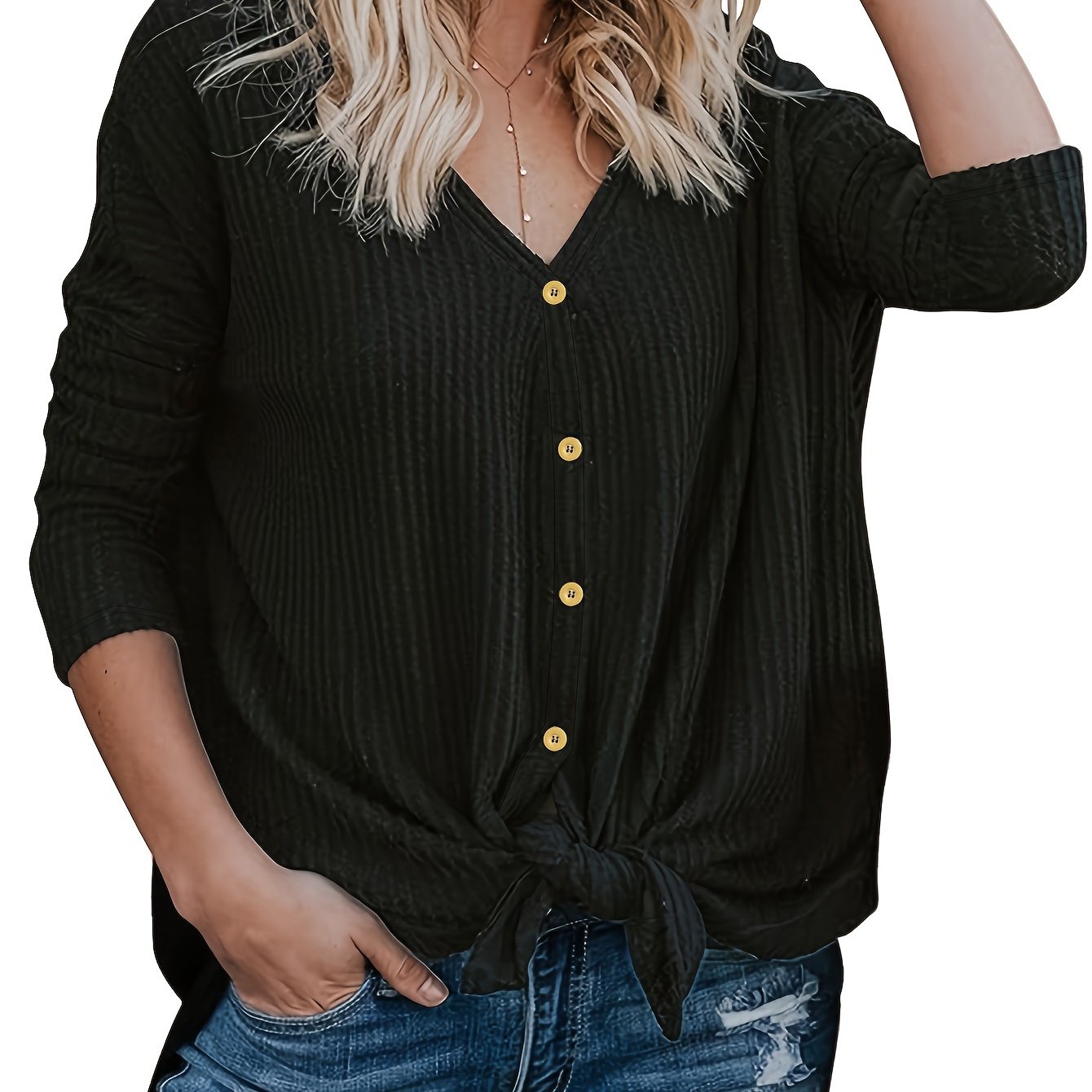 Retro Cardigan Women's Plus Solid Long Sleeve Button Up Knot Front Kni