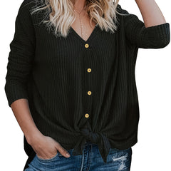 Retro Cardigan Women's Plus Solid Long Sleeve Button Up Knot Front Kni