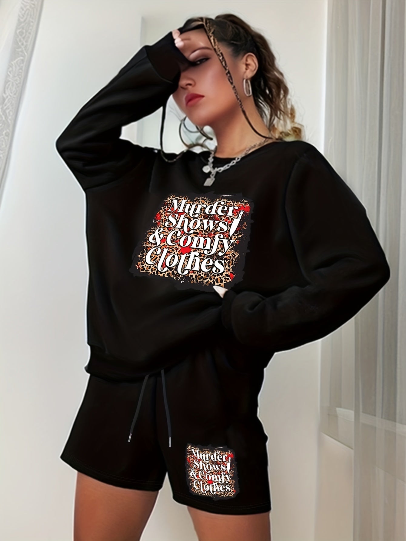 Halloween 2pcs Set Women's Plus Letter Print Sweatshirt & Shorts
