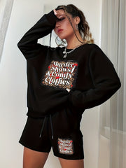 Halloween 2pcs Set Women's Plus Letter Print Sweatshirt & Shorts